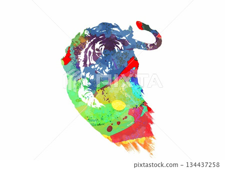 Watercolor art style tiger illustration painted with colorful paints on a white background 134437258