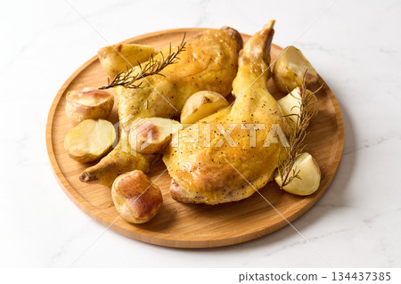 roast chicken on a plate roast chicken on a plate 134437385