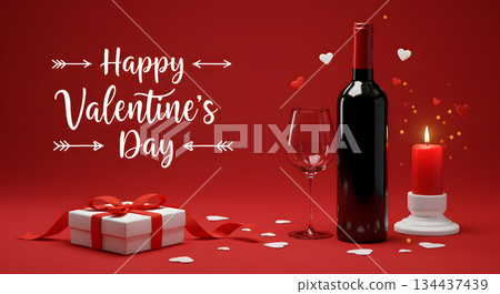 Happy Valentines Day greeting with wine bottle glass gift box and candle on red background 134437439