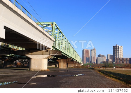 Arakawa Bridge and Kawaguchi cityscape on a clear winter day 134437462