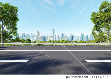 3D render of a wide asphalt road with white lane markings, flanked by trees and leading to a modern city skyline 134437584