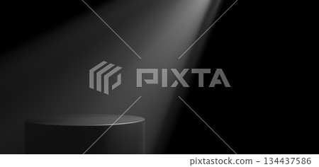 Cylindrical black pedestal on a dark background. Spotlight. Background material. Copy space. 3D (landscape). Cylindrical black pedestal on a dark background. Spotlight. Background material. Copy space. 3D (landscape). 134437586