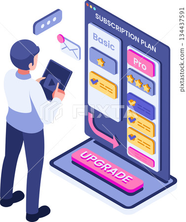 Isometric User Upgrading Subscription Plan from Basic to Pro 134437591