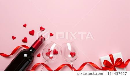Red wine bottle with two glasses gift box and small hearts on pink background 134437627