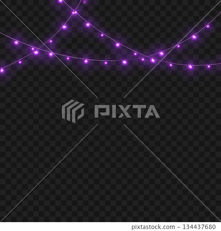 Christmas Purple Glowing String Lights Garland Border on Transparent Background. Vector 134437680