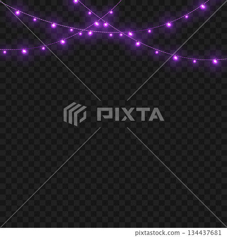 Christmas Purple Glowing String Lights Garland Border on Transparent Background. Vector 134437681