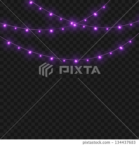 Christmas Purple Glowing String Lights Garland Border on Transparent Background. Vector 134437683