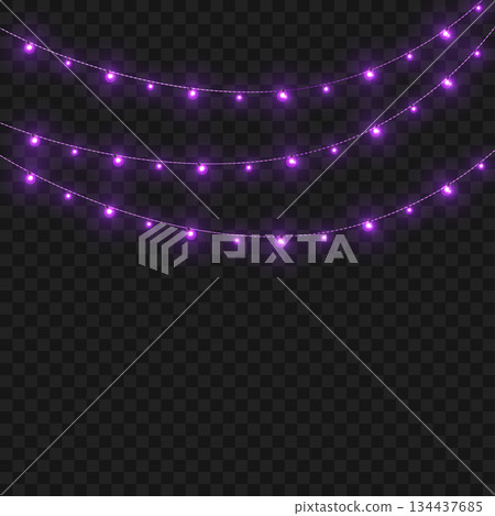 Christmas Purple Glowing String Lights Garland Border on Transparent Background. Vector 134437685