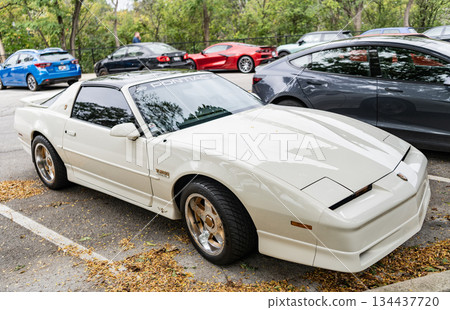 Chicago, Illinois - September 29, 2024: 1992 Pontiac Firebird Trans Am GTA white color. 1992 Pontiac Firebird Trans Am GTA parked on the street 134437720