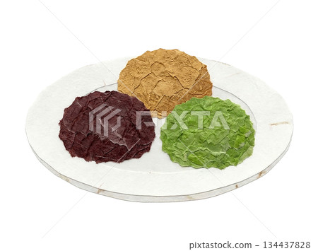 A paper-cutting style illustration of three-colored rice balls made with washi paper A paper-cutting style illustration of three-colored rice balls made with washi paper 134437828