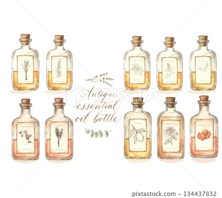 Antique aroma bottles and retro essential oil bottles Antique aroma bottles and retro essential oil bottles 134437832
