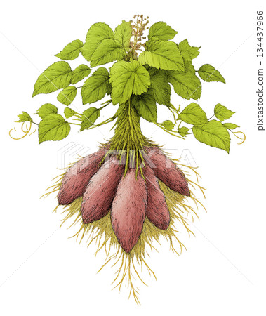 帶有根的栽培甘藷插圖，背景透明 134437966