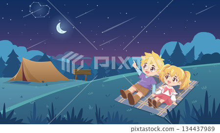 Cute cartoon couple stargazing at heart constellation on camping night. Sitting on a hill with a forest backdrop during the nighttime. Romantic Valentine vector illustration 134437989