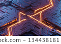 Futuristic dark metal motherboard surface with glowing orange light energy paths 134438181