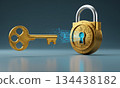 Cyber security concept with golden key unlocking digital padlock with glowing binary data 134438182