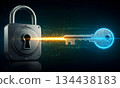 Cyber security concept with golden key unlocking digital padlock with glowing binary data 134438183
