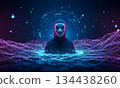 Anonymous hacker in mask surrounded by digital neon circles and data grid landscape cyber security concept 134438260