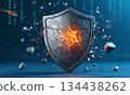 Broken digital shield with glowing red light representing cyber security breach and data vulnerability 134438262