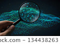 Hand holding magnifying glass over digital network grid with security lock icons for data analysis 134438263