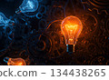 Creative idea and innovation concept with glowing light bulbs among mechanical gears and cogs 134438265