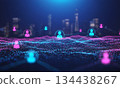 Global social network connection concept with user icons over digital data wave and city skyline background 134438267