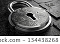 Cyber security concept with metallic padlock featuring circuit board pattern on hardware background 134438268