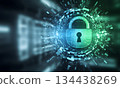 Cyber security concept with digital padlock on glowing technical data background 134438269
