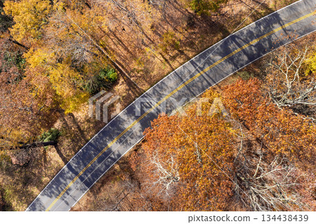 Blue Ridge Parkway road trip. Driving car exploration travel in fall forest on Appalachian mountain hills in North Carolina. Autumnal landscape of beautiful nature Blue Ridge Parkway road trip. Driving car exploration travel in fall forest on Appalachian mountain hills in North Carolina. Autumnal landscape of beautiful nature 134438439