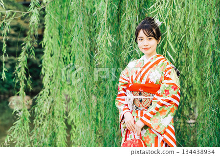 A woman in a kimono (furisode) standing under a willow tree A woman in a kimono (furisode) standing under a willow tree 134438934