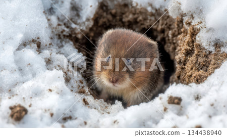 A curious field mouse peeks out from a snow-covered burrow entrance, a winter wildlife landscape in its natural habitat and cold season atmosphere 134438940