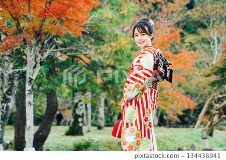 A woman in a kimono (furisode) standing under a willow tree A woman in a kimono (furisode) standing under a willow tree 134438941
