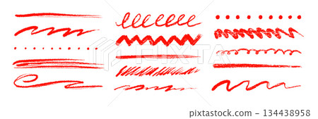 Red underline brush strokes and pencil marks emphasis element set. Textured chalk pencil marks, crayon scribbles, red color lines. Crayon texture brush stroke highlight shapes. Vector 134438958