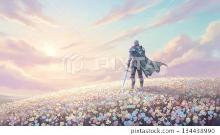 Knight Facing Away on Hill with Pale Flower Meadow, Pastel Sky, Soft Light 134438990