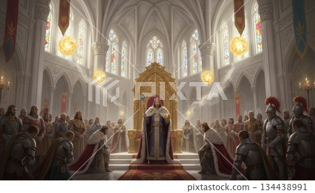 King Standing in Coronation Ceremony Holding Scepter and Globus Cruciger 134438991