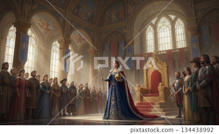 Queen Standing in Coronation Ceremony Holding Scepter and Globus Cruciger Queen Standing in Coronation Ceremony Holding Scepter and Globus Cruciger 134438992