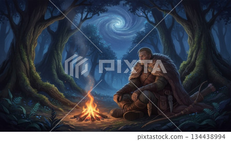 Forest Hunter Sitting by a Small Campfire Forest Hunter Sitting by a Small Campfire 134438994