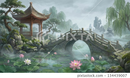 Ancient Chinese Garden with Arched Bridge, Pavilion, and Lotus Pond Ancient Chinese Garden with Arched Bridge, Pavilion, and Lotus Pond 134439007