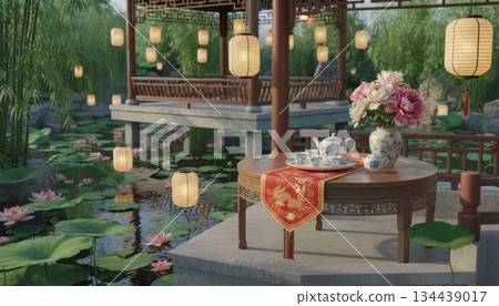 Small Tea Table in Pavilion over Lotus Pond in Chinese Garden, 3D Style Small Tea Table in Pavilion over Lotus Pond in Chinese Garden, 3D Style 134439017
