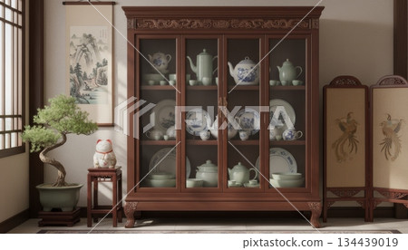 Chinese-Style Wooden Glass Cabinet Displaying Ceramic Teapots and Plates with Surrounding Chinese Decor 134439019