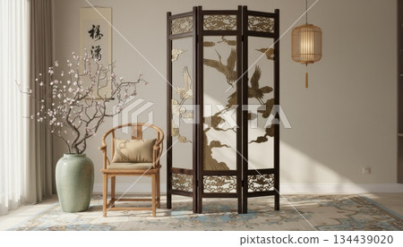 Chinese-Style Screen with Floor Vase Holding Plum Branches, Wooden Chair, and Hanging Bamboo Lantern Chinese-Style Screen with Floor Vase Holding Plum Branches, Wooden Chair, and Hanging Bamboo Lantern 134439020