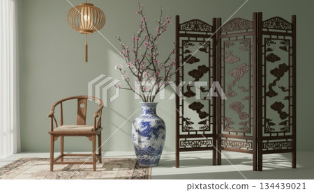 Chinese-Style Screen with Floor Vase Holding Plum Branches, Wooden Chair, and Hanging Bamboo Lantern 134439021
