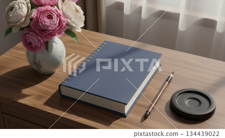Chinese Thread-Bound Notebook on Wooden Desk with Peony Vase, Brush, and Inkstone 134439022