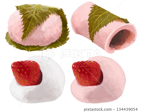 Sakura mochi and strawberry daifuku illustration set 134439054