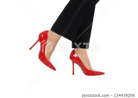 Red high heels and black pants on white, PNG 134439206