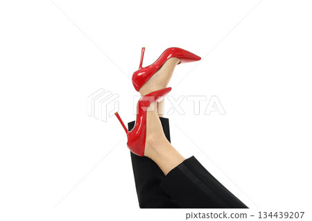 Pair of red high heels with legs positioned in the air, PNG Pair of red high heels with legs positioned in the air, PNG 134439207