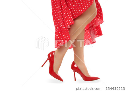 Female model shows shoes while standing in dress, PNG Female model shows shoes while standing in dress, PNG 134439213