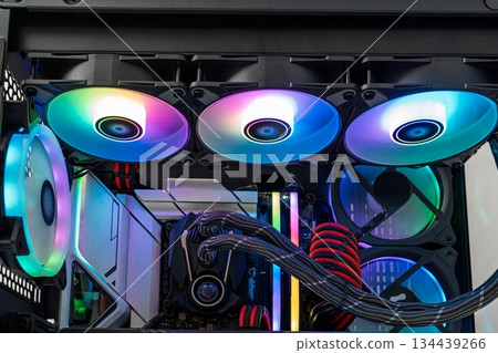 Gaming PC Cooling System with Rainbow RGB Lighting for High-Performance Computing Rigs. 134439266