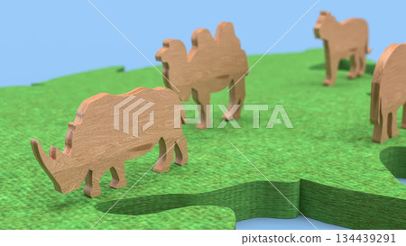 Wooden Wildlife Figures on Green Map Concept Background 3d render. 134439291