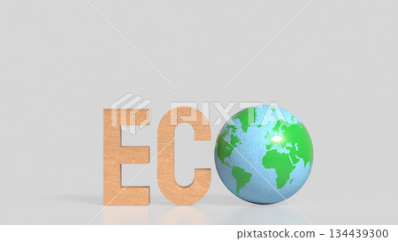 Eco Concept with Wooden Letters and Green Earth Globe on Clean Background 3d render. 134439300