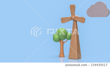 Wooden Wind Turbines and Trees Representing Clean Energy Concept 3d render. 134439317